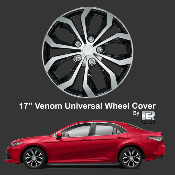 Roane Venom Edition Universal 17" Black & Silver Snap On Hub Caps / Wheel Covers - Set of 4